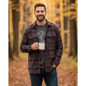 Mission Ridge Men's Plaid Flannel Long Sleeve Button Up Shirt Size‎ L Red Gray